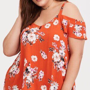 Torrid Orange Floral Crepe Cold Shoulder Blouse, Size 0